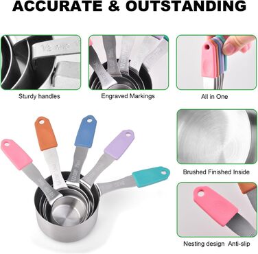 Magnetic measuring cup and spoon set, stainless steel, 5 cups and 7 spoons, with leveler (multicolored)