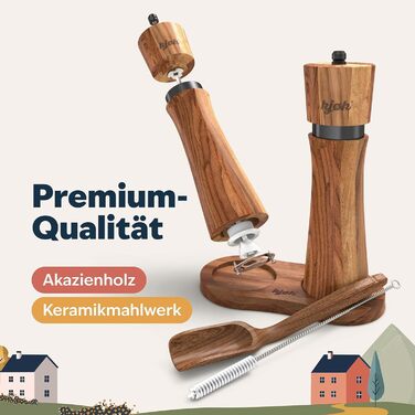 köc Premium Salt and Pepper Mill - Solid Acacia Wood with Coaster, Cleaning Brush and Funnel - Wooden Mill Set with Ceramic Grinder - Salt and Pepper Mill Father's Day Gift