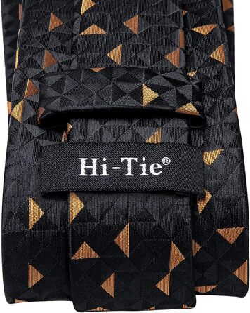 Чоловіча краватка Hi-Tie класична в клітку (чорно-золота) + запонки та нагрудна хустка - комплект
