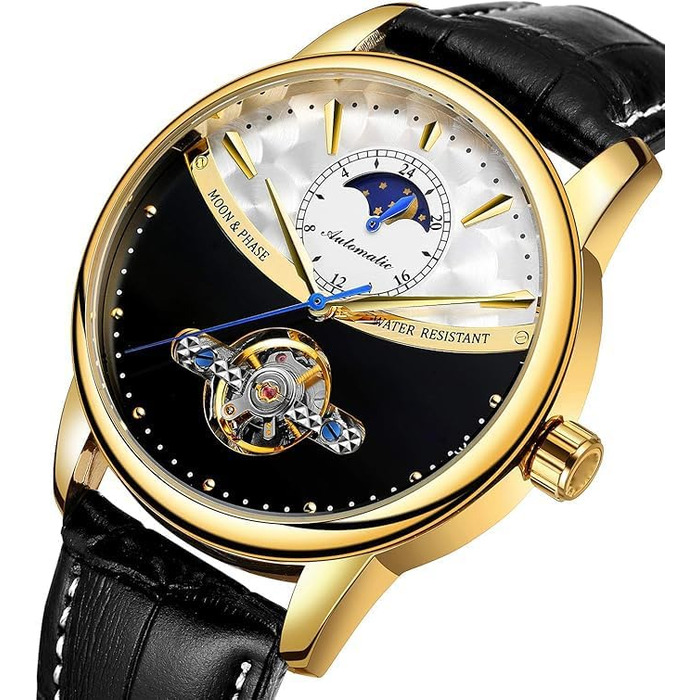 Чоловічий годинник на автоматичному механізмі з сапфіровим склом, корпус з нержавіючої сталі, шкіряний ремінець, годинник-скелетон, календар, золотий/чорний колір