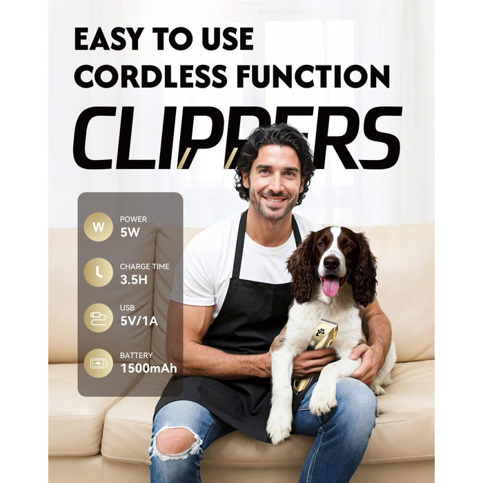 Професійна машинка для стрижки собак та котів Leise, електрична бездротова, 2 швидкості (Золота)