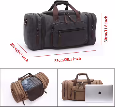 Travel Bag, Large 40L 50L Expandable Sailcloth Travel Bag, Unisex Travel Bags, Weekend Bag for Women and Men, Black