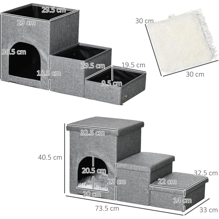 PawHut Сходинка для собак та котів, 3-ступенева з будиночком та 2 ящиками для зберігання, універсальна для дивану, сіра, знімний чохол