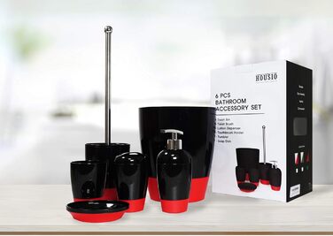 Набір аксесуарів для ванної кімнати HOUSIO, 6 предметів, чорно-червоний (тримач для зубних щіток, миска для мила, дозатор для лосьйону, стакан, WC-щітка, сміттєве відро)