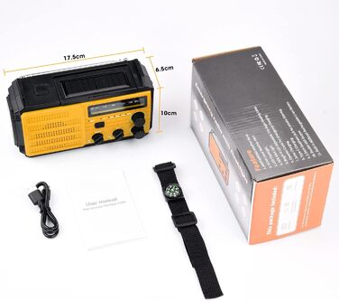 Сонячне радіо Kurbelradio 8000mAh з ручним заводом, AM/FM, динамо, радіо для надзвичайних ситуацій, ліхтарик LED, компас, IPX3, оранжевий