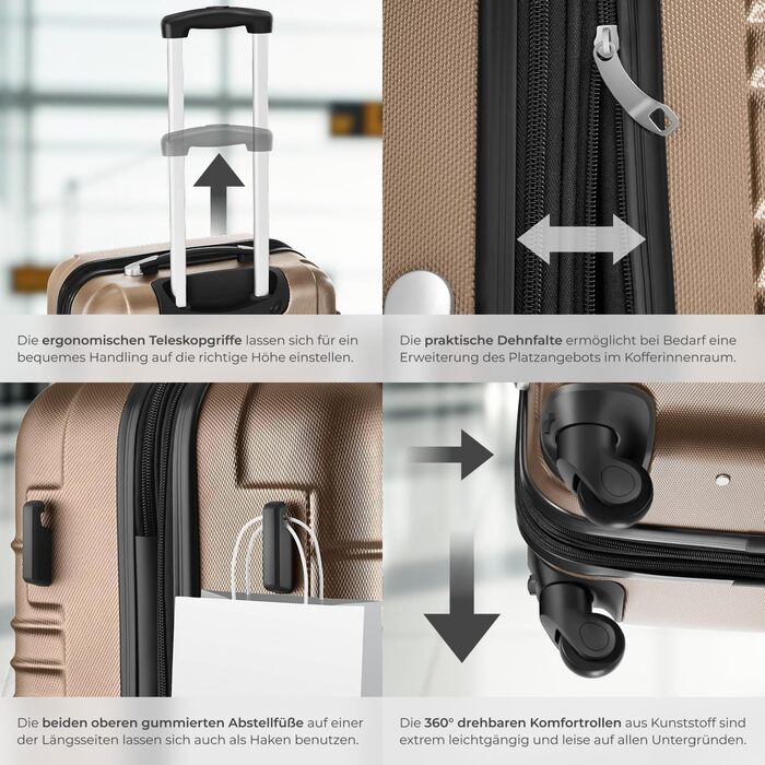 Набір валіз Tectake® 4 шт. з TSA замком, жорсткий корпус, набір валіз-роликів, ABS, 4 колеса, поворот на 360°, телескопічна ручка - зелений (шампань)