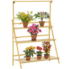 Outsunny Wooden Flower Ladder Shelf - Adjustable Height Plant Stand, Hanging Bamboo Natural Indoor/Outdoor Decor, 100 x 40 x 143 cm