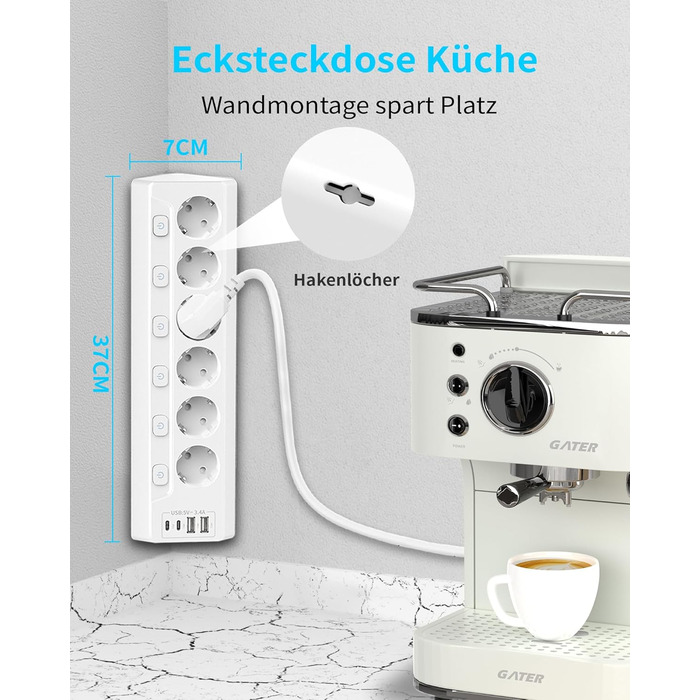 Розподільник розеток з захистом від перенапруги, 6 розеток, USB-C, 2м кабель, 4000W, 16A, для кухні, дому, офісу (білий)