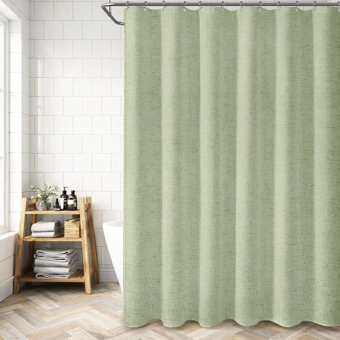 Штора для душу зелена льон 180x200 см, бохо стиль, водонепроникна, тканинна, анти-грибок, для ванної кімнати