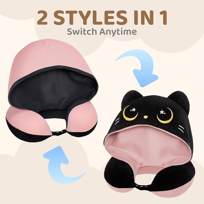 Подушка для шиї Mewaii для подорожей, двостороння подушка для дорослих, подушка для шиї з memory foam для літаків, подушка для шиї з котячою капюшоном, регульований ремінь (Рожева)