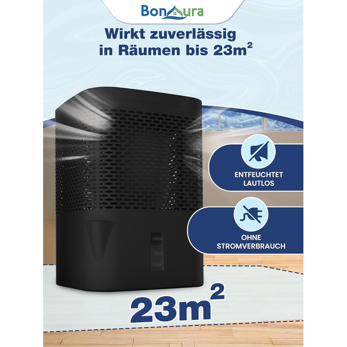 BonAura® Безструменевий осушувач повітря до 23 м² | 360° вентиляція | Осушувач для дому з виливом та 5 x 680 г гранул | Захист від плісняви та неприємних запахів | Осушувач повітря для квартири (Airone Black + 5 X гранул)