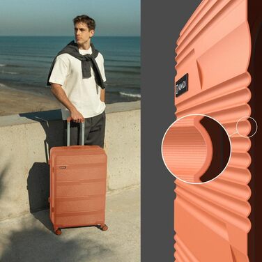 Набір валіз NUMADA 4 шт. Upfly T10 ABS: ручна валіза 55x40x20, середня 60L, велика 78L + косметичка. Оранжевий колір. Безпечний та міцний.