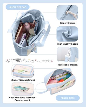 Рюкзак Tanou для дівчаток, шкільний набір: рюкзак, сумка через плече та пенал. Шкільний рюкзак для підлітків, casual, блакитний.
