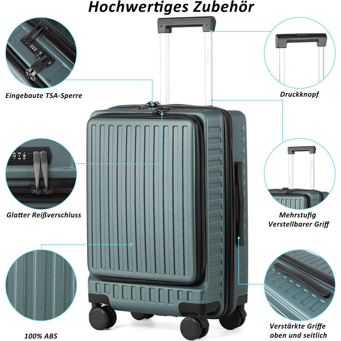 Чемодан ручної поклажі TANTOMI з відділенням для ноутбука, 20 дюймів, жорсткий корпус, легкий ABS-валіз, валіза з 4 колесами на 360°, TSA-замок (світло-темно зелений, 41л)