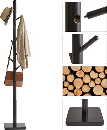 YMYNY Solid Wood Wardrobe Rack, Freestanding Clothes Rack with 8 Hooks, Thickened and 3 Adjustable Heights, for Bag, Clothing, Living Room, Natural Wood Color HCR002N (Black, Square Base)