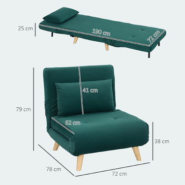 HOMCOM Sleeper Chair, Folding Chair with Bed Function, Decorative Cushion, Foldable Recliner Chair with Adjustable Backrest in Velvet Look, for Living Room, Dark Green | Aosom