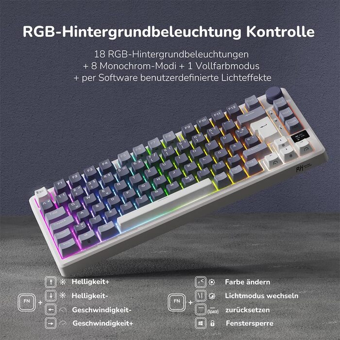 Ігрова клавіатура RK ROYAL KLUDGE M75: бездротова, механічна, RGB, 75% TKL, OLED-дисплей, Hot-Swappable, QWERTZ, червоний перемикач, лавандово-фіолетовий колір