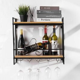 Rustic Metal Wine Rack with Glass Holders, 55×51cm, 2-Tier Wooden Wine Shelf with 5 Wine Glass Holders, Wall-Mounted Wine Rack for Kitchen, Home