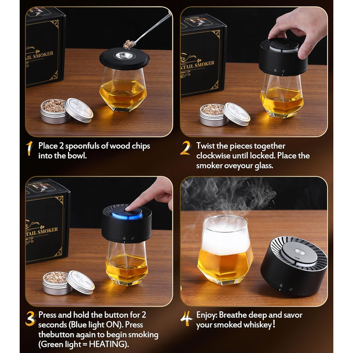 Електричний набір для копчення віскі з LED-підсвіткою, 6 ароматів деревини, без бутану, перезаряджуваний, ретро-дизайн, барний аксесуар, подарунок для чоловіків, батька, чоловіка