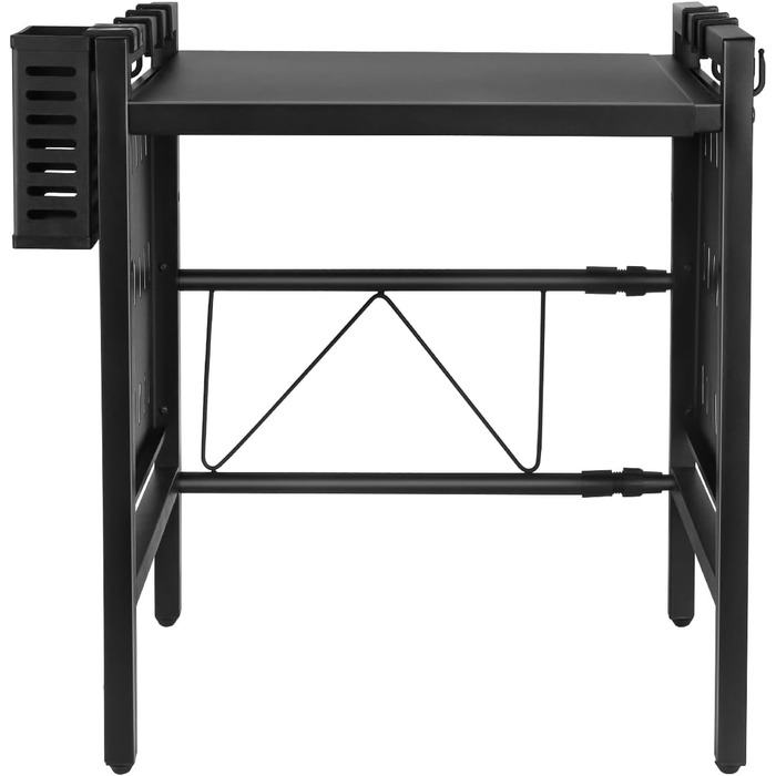 Поличка для мікрохвильової печі 3-рівнева, органайзер з гачками, розширювана, висувна (40-64см), з вуглецевої сталі (чорна, з перфорованим листком, 42-68*36*46см)