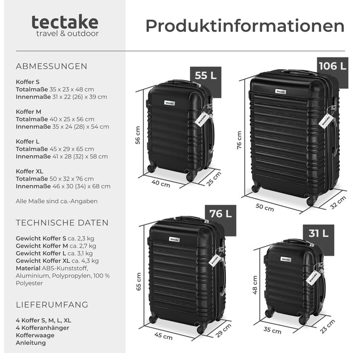 Набір валіз Tectake® 4 шт. з ABS-пластику, S-M-L-XL, з роликами, телескопічним ручками та замками, з ваговою та аксесуарами для валіз