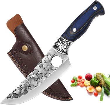 Японський ніж для обробки м'яса Doklasu, ручної роботи, full tang, з високоякісної сталі 5Cr15MoV, з червоним дерев'яним руків'ям та піхвою (15 см)