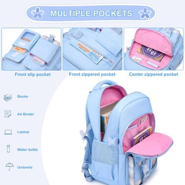 KEBEIXUAN Шкільний рюкзак для дівчаток | Милий рюкзак для початкової школи (1-5 класи) | Дихаючий, водовідштовхуючий рюкзак для дівчаток + ізольована сумка для обіду + пенал, блакитний