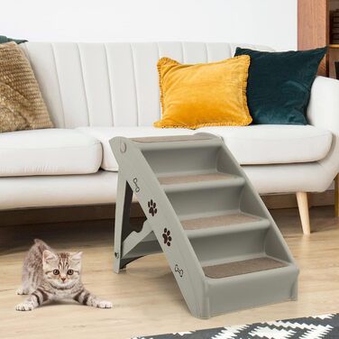 COSTWAY 4-Step Pet Stairs with Carpet, Dog Stairs Plastic Cat Stairs Folding, Portable Dog Ramp Pet Stairs for Dogs and Cats, Pet Ramp for Climbing and Scratching (Gray)