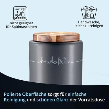 Набір контейнерів для зберігання KHG для кухні антрацитово-сірого кольору з дерев'яною кришкою, контейнери для продуктів з кераміки, стеінгуту, поліровані, з маркуванням, набір органайзерів для кухні, без пластику та світлонепроникні (набір для картоплі, 