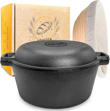 KRUSTENZAUBER 26cm Cast Iron Pot for Bread Baking incl. Proofing Basket - Robust Bread Baking Mold with Lid - Ideal Bread Pot, Bread Baking Pot, Bread Baking Set Cast Iron Pot for Baking Bread, Bread Baking Accessories, Bread Form 4.7l