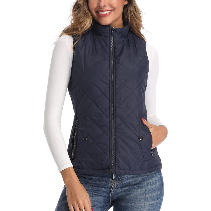 Жіноча жилетка LONGKING: легка, з коміром-стійкою, стьобана, без рукавів, синього кольору