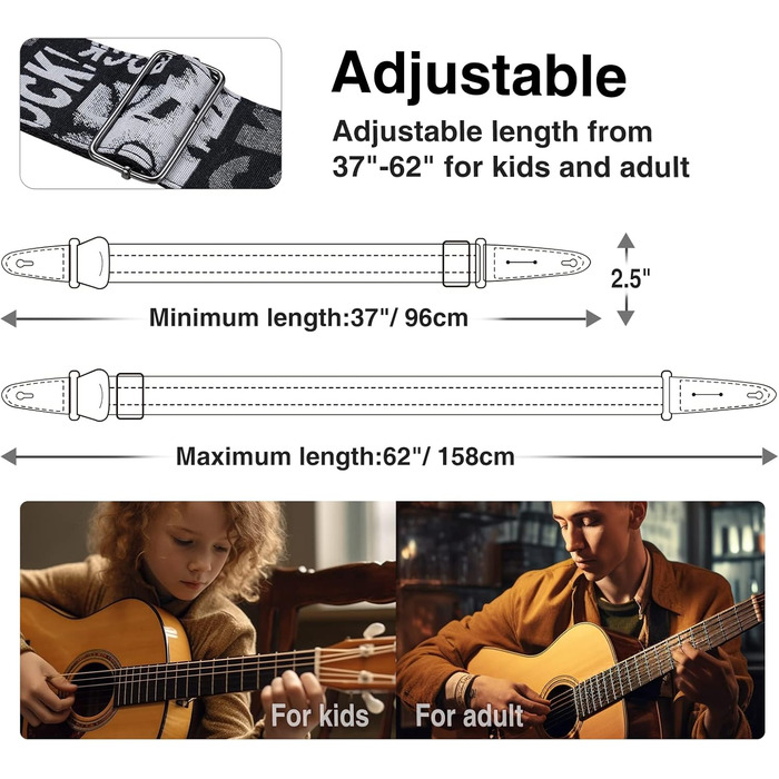 Гітарний ремінь LEKATO, смугастий, 6.7 см, з шкіряними кінцями та кишенькою для медіатора - з 6 медіаторами/фіксаторами ремінця - для бас-гітари, електрогітари та акустичної гітари