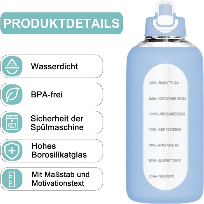 2 Liter Glass Water Bottle, 2L Glass Bottle, Glass Water Bottle with Straw, Bottle Brush (Blue)