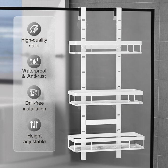 Підставка для душу на кріплення, полиця для душу без свердління для ванної кімнати, органайзер з 2 кошиками, тримач для шампуню (білий, White - 3 рівні)