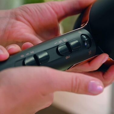 Фен GRUNDIG Naturashine HD 8080 з іонізацією, 2 насадки, 2300 Вт, 3 температурні та 2 режими повітряного потоку, холодна функція, датчик Smart On/Off, 3 м кабель, чорний / рожеве золото