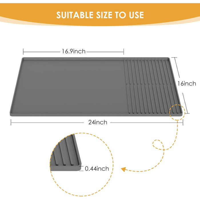 Силіконовий килимок під кавомашину з бортиками, 61 x 40.6 см - захист для стільниці, сірий