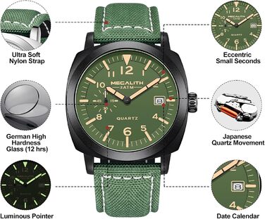 MEGALITH Годинник чоловічий Military Sport Outdoor, водонепроникні з шкіряним ремінцем, сталевий корпус, велике циферблат, з підсвічуванням, календар, дата, кварцові, чоловічі годинники