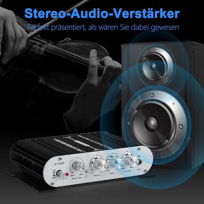 HiFi аудіо підсилювач 2.1-канальний ST-838, стерео, клас D, 20Вт×2+40Вт, з сабвуферним виходом, міні цифровий підсилювач, AUX, для дому та авто, чорний/сріблястий, з адаптером живлення