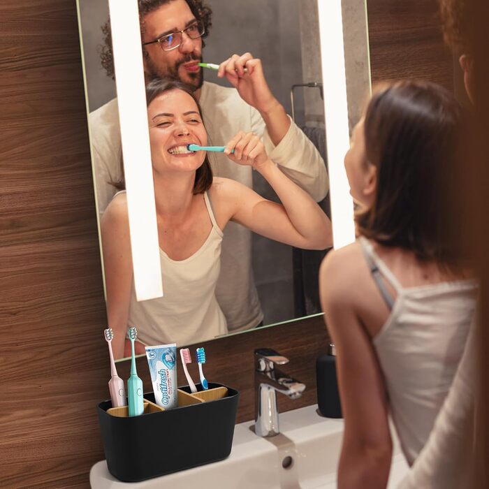 Підставка для зубних щіток з бамбуковими перегородками, органайзер для зубних щіток на 4 відділення + місце для пасти, чорний