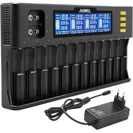 Зарядний пристрій для акумуляторів 18650 JIUWIIL з LCD-дисплеєм, універсальний, 12+2 слоти, для Li-Ion, LiFePO4, 26650, 17500, 16340, 18650, 14500, 10440 та 9V акумуляторів