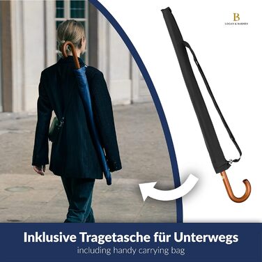 Edinburgh Windproof Umbrella - Large 16-Rib Black Umbrella with Wooden Handle & Silent Tip - LOGAN & BARNES
