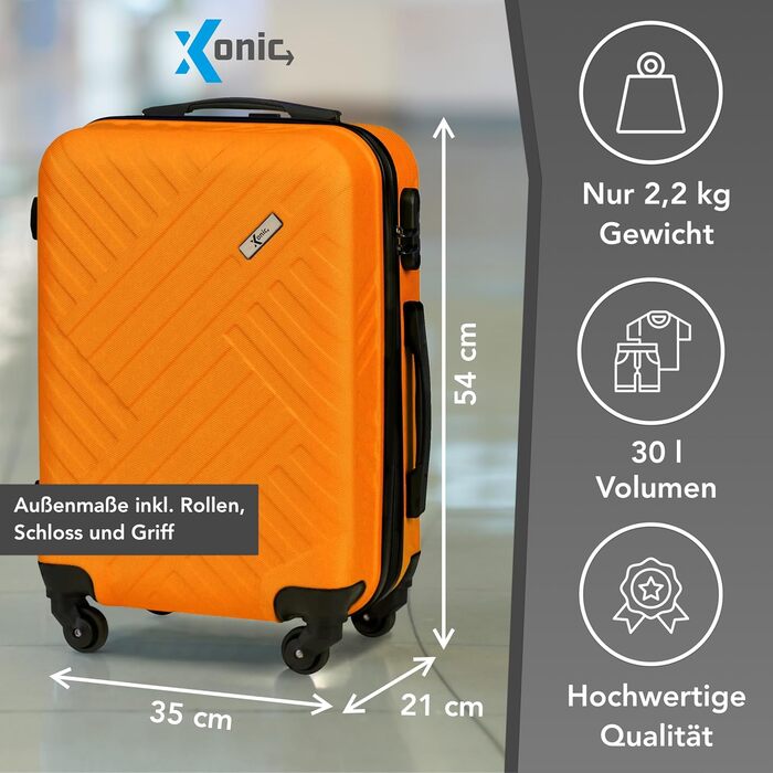 Xonic Design Boardcase Suitcase - Hard Shell Suitcase with 360° Smooth-Running Wheels - High-Quality Carry-On Trolley with Combination Lock - Hand Luggage in 55x35x20cm ((Boardcase Neon Orange, S))