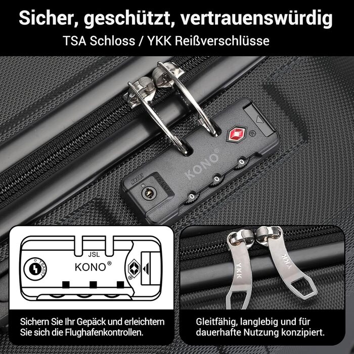 Чемодан-валіза KONO з ABS+PC: міцний, з TSA-замком та 4 колесами (52 см, чорний)