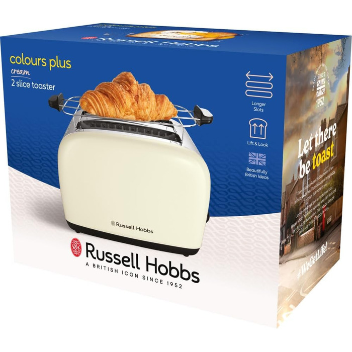 Тостер Russell Hobbs Colours Plus, 2 скибки, нержавіюча сталь, кремовий, широкі відсіки, підставка для булочок, 6 режимів підсмажування, функція розморожування, Lift & Look, 1600 Вт