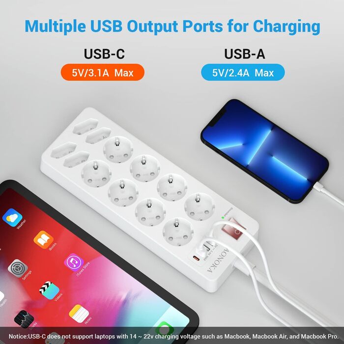 Мережевий фільтр 12-разовий з USB-C, перенапруження до 1700 Дж, з вимикачем, 4 USB-порти, 10 розеток, чорний, для кріплення на стіну, 1,5 м