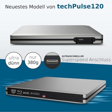 Зовнішній Blu-ray привід techPulse120 USB 3.1 Type-C M-Disc BDXL записувач та плеєр CD/DVD/BD Slim для PC, Notebook, Mac OS, MacBook Pro/Air, алюміній, срібло