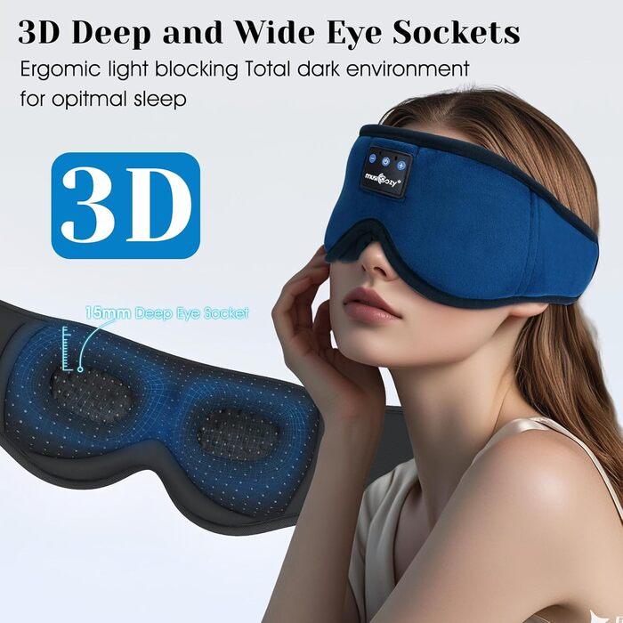 Маска для сну з навушниками Musicozy 3D Bluetooth, повна затемнення, для сну, подорожей, відпочинку, медитації (Цянова)