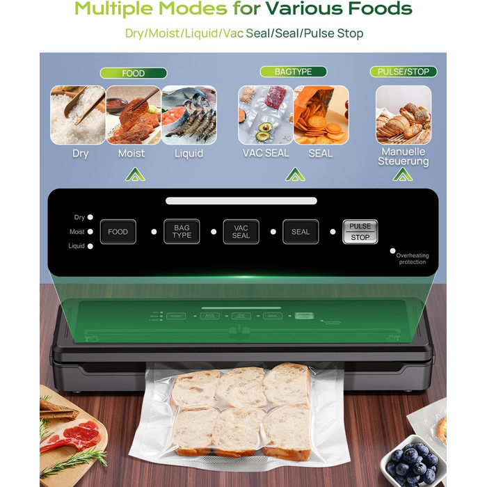 Вакуумний пакувальник 5-в-1 для продуктів харчування: сухий/вологий режим, зберігає свіжість до 7 разів довше, 70 кПа, вбудований різак, шланг, 10 пакетів