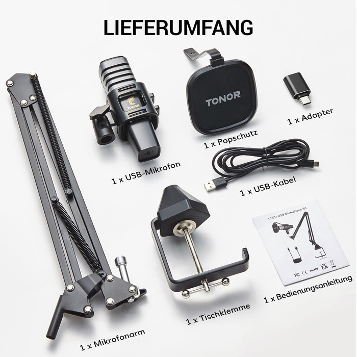 USB мікрофон TONOR TC30 з підставкою, поп-фільтром та мікрофонною павутиною для стримінгу, подкастингу та запису голосу. Сумісний з ПК та ноутбуком