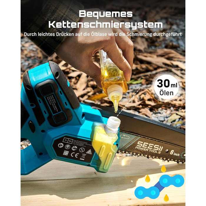 SEESII Безщіткова міні-пилка 6 дюймів, ручна акумуляторна пилка з 2 * 4000 mAh акумуляторами, одноручна акумуляторна пилка з автоматичним змащенням, сумісна з акумулятором Makita 18V, електрична пилка для дерева, гілок 6 дюймів безщіткова (6+8 дюймів безщ